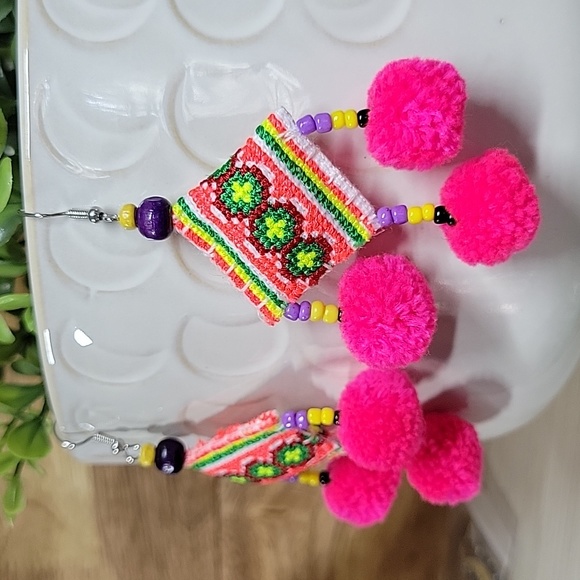 Hmong Tribe Embroidered Dangle Pom Pom Drop Earrings - Picture 2 of 7